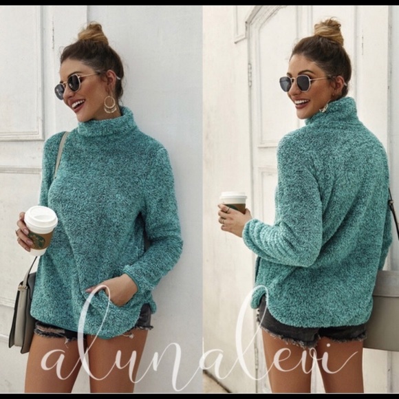 Modern Fit Fuzzy Green Pull Over Mock Neck Sweater